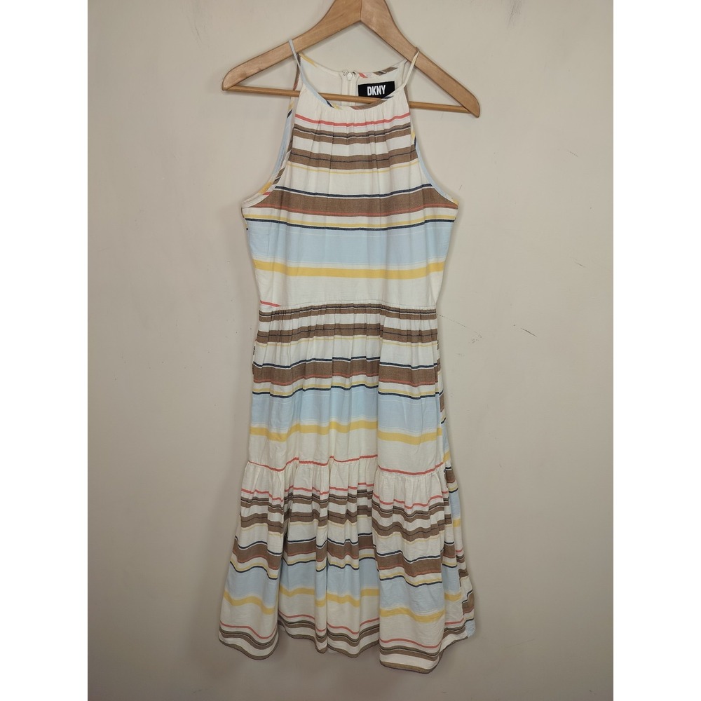 DKNY‎ Striped Midi Dress Tiered Sleeveless Cotton